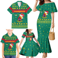 Cameroon Christmas Family Matching Mermaid Dress and Hawaiian Shirt with Green Red Pattern Coat of Arms Santa Hat and Stars Motif - Wonder Print Shop