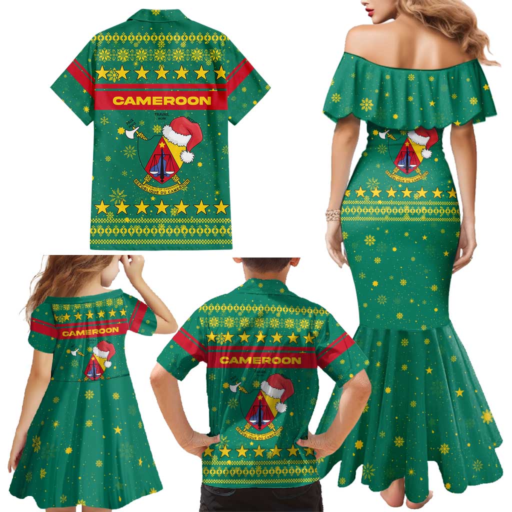 Cameroon Christmas Family Matching Mermaid Dress and Hawaiian Shirt with Green Red Pattern Coat of Arms Santa Hat and Stars Motif - Wonder Print Shop