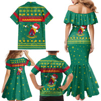 Cameroon Christmas Family Matching Mermaid Dress and Hawaiian Shirt with Green Red Pattern Coat of Arms Santa Hat and Stars Motif - Wonder Print Shop
