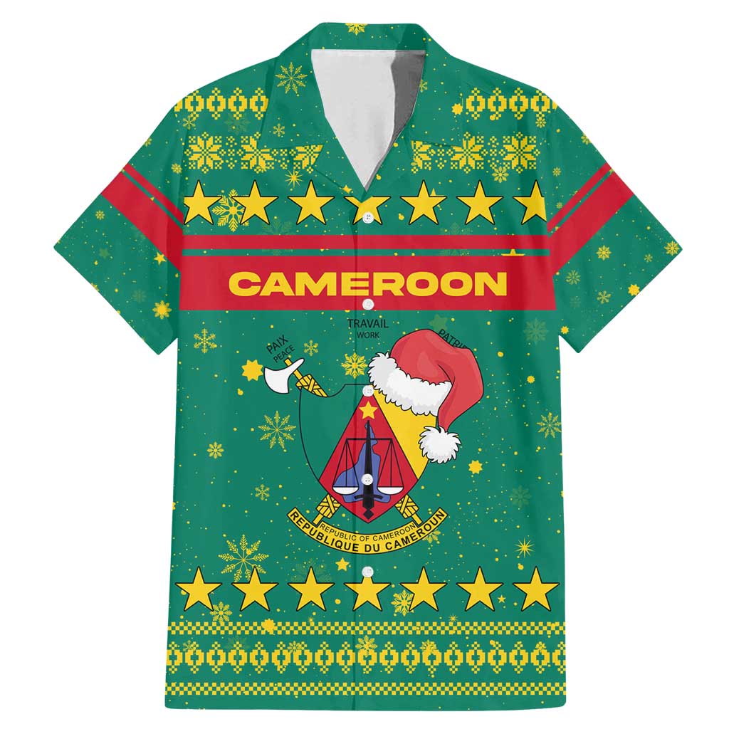 Cameroon Christmas Family Matching Mermaid Dress and Hawaiian Shirt with Green Red Pattern Coat of Arms Santa Hat and Stars Motif - Wonder Print Shop