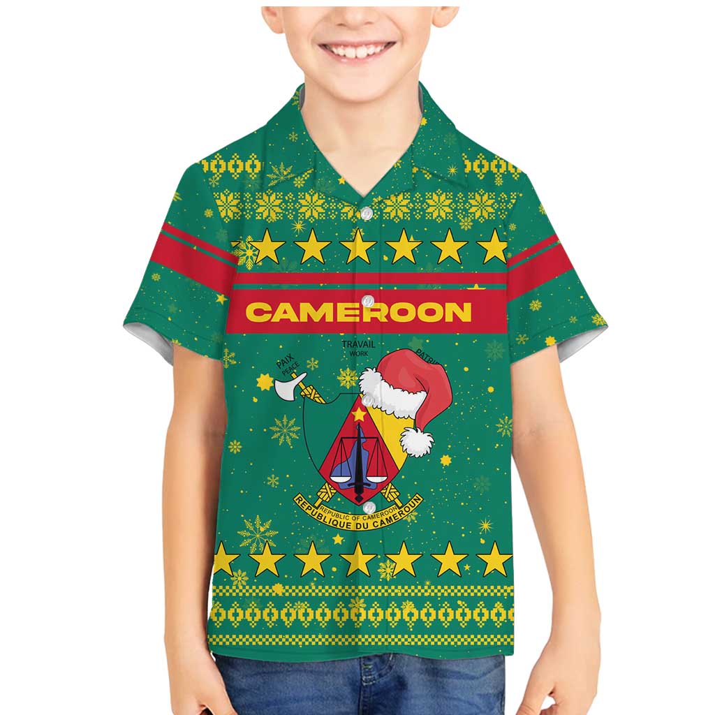 Cameroon Christmas Family Matching Mermaid Dress and Hawaiian Shirt with Green Red Pattern Coat of Arms Santa Hat and Stars Motif - Wonder Print Shop