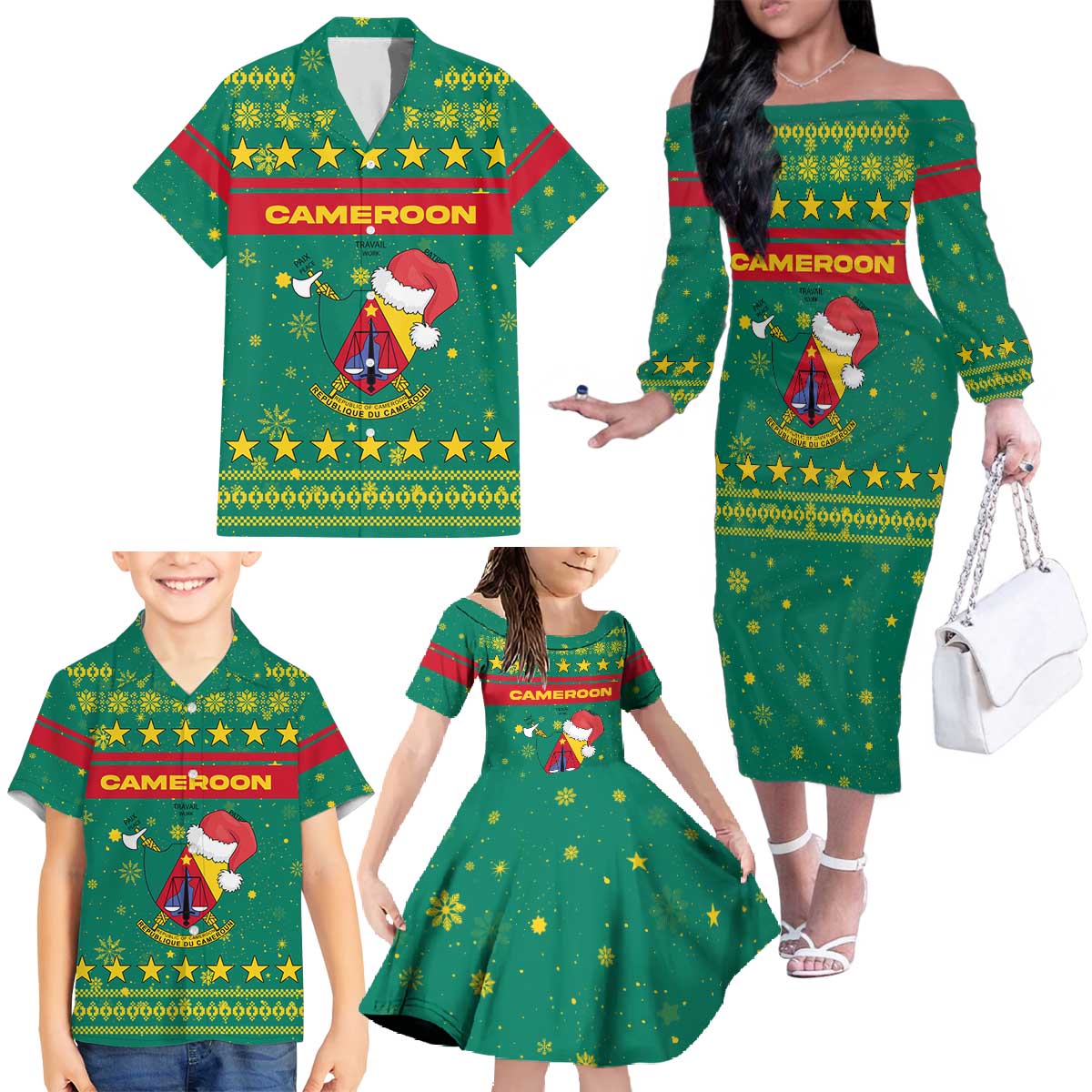 Cameroon Christmas Family Matching Off The Shoulder Long Sleeve Dress and Hawaiian Shirt with Green Red Pattern Coat of Arms Santa Hat and Stars Motif - Wonder Print Shop