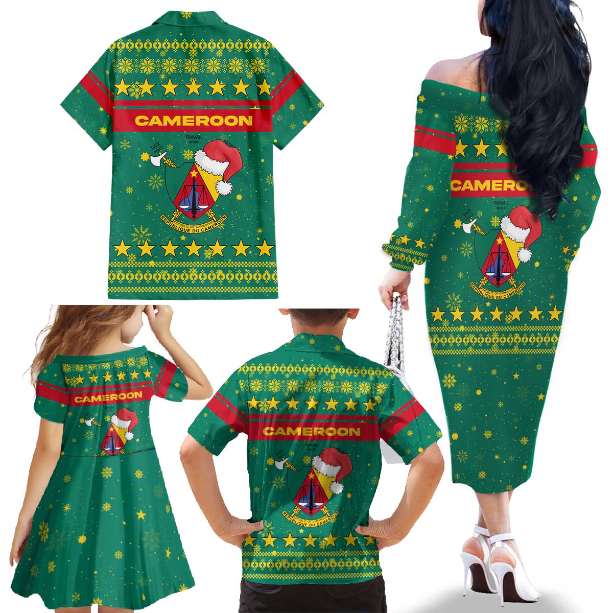 Cameroon Christmas Family Matching Off The Shoulder Long Sleeve Dress and Hawaiian Shirt with Green Red Pattern Coat of Arms Santa Hat and Stars Motif - Wonder Print Shop