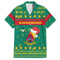 Cameroon Christmas Family Matching Off The Shoulder Long Sleeve Dress and Hawaiian Shirt with Green Red Pattern Coat of Arms Santa Hat and Stars Motif - Wonder Print Shop