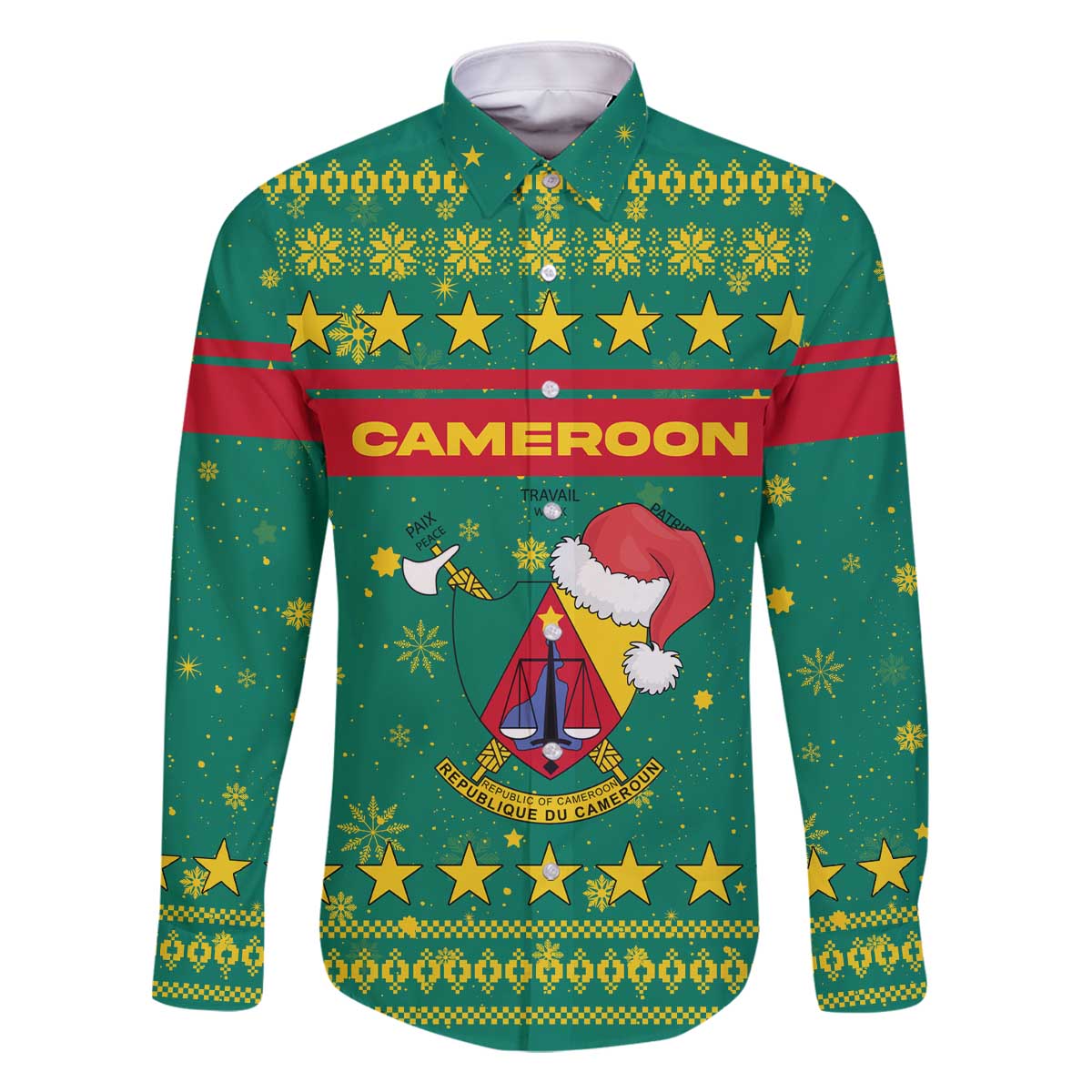 Cameroon Christmas Family Matching Off The Shoulder Long Sleeve Dress and Hawaiian Shirt with Green Red Pattern Coat of Arms Santa Hat and Stars Motif - Wonder Print Shop