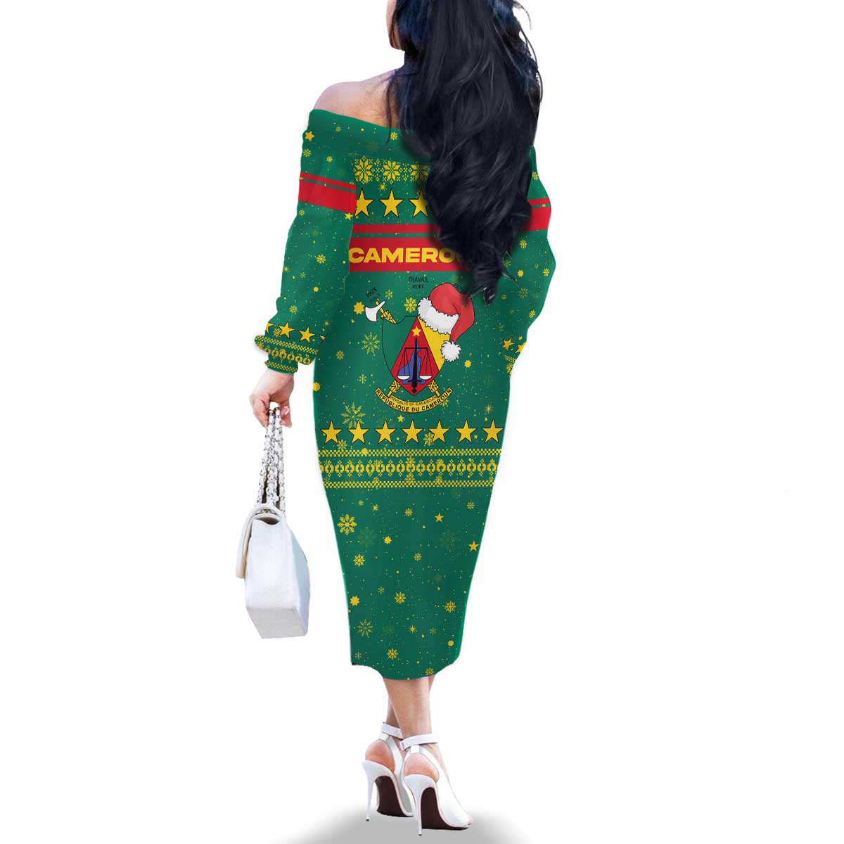 Cameroon Christmas Family Matching Off The Shoulder Long Sleeve Dress and Hawaiian Shirt with Green Red Pattern Coat of Arms Santa Hat and Stars Motif - Wonder Print Shop