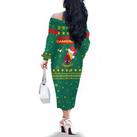 Cameroon Christmas Family Matching Off The Shoulder Long Sleeve Dress and Hawaiian Shirt with Green Red Pattern Coat of Arms Santa Hat and Stars Motif - Wonder Print Shop