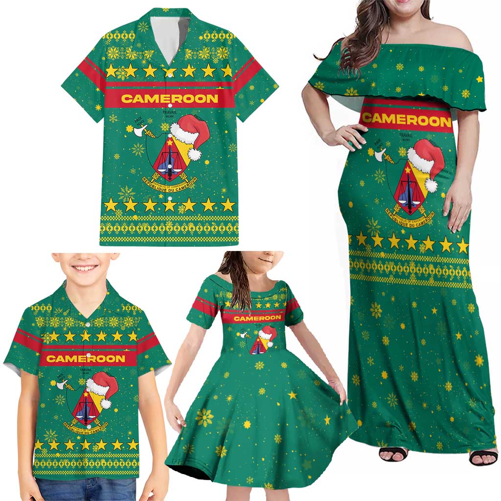 Cameroon Christmas Family Matching Off Shoulder Maxi Dress and Hawaiian Shirt with Green Red Pattern Coat of Arms Santa Hat and Stars Motif - Wonder Print Shop