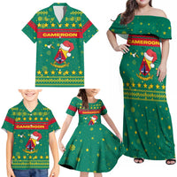 Cameroon Christmas Family Matching Off Shoulder Maxi Dress and Hawaiian Shirt with Green Red Pattern Coat of Arms Santa Hat and Stars Motif - Wonder Print Shop