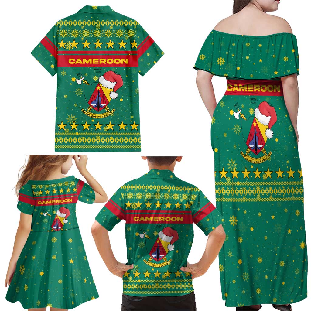 Cameroon Christmas Family Matching Off Shoulder Maxi Dress and Hawaiian Shirt with Green Red Pattern Coat of Arms Santa Hat and Stars Motif - Wonder Print Shop