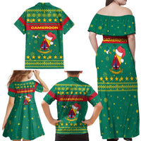 Cameroon Christmas Family Matching Off Shoulder Maxi Dress and Hawaiian Shirt with Green Red Pattern Coat of Arms Santa Hat and Stars Motif - Wonder Print Shop
