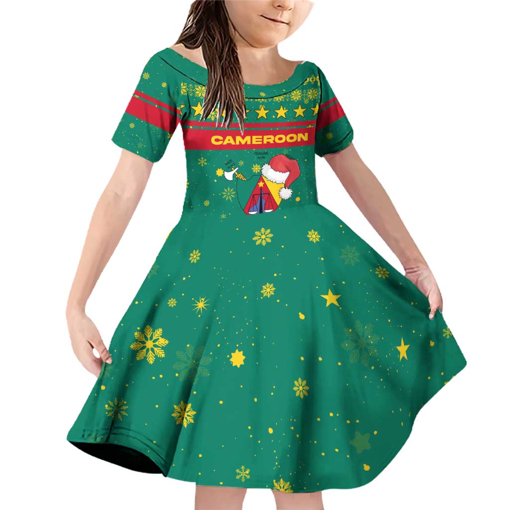 Cameroon Christmas Family Matching Off Shoulder Short Dress and Hawaiian Shirt with Green Red Pattern Coat of Arms Santa Hat and Stars Motif - Wonder Print Shop