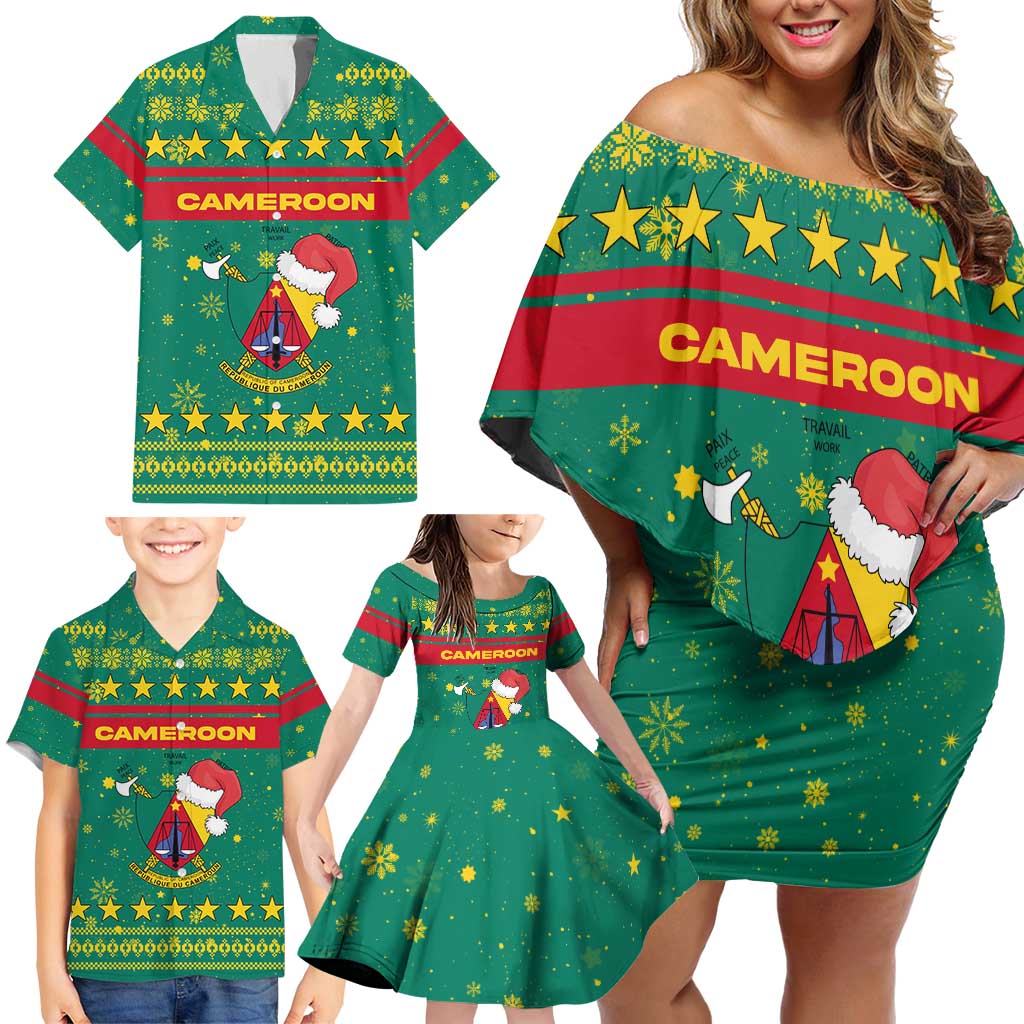 Cameroon Christmas Family Matching Off Shoulder Short Dress and Hawaiian Shirt with Green Red Pattern Coat of Arms Santa Hat and Stars Motif - Wonder Print Shop