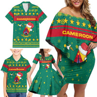 Cameroon Christmas Family Matching Off Shoulder Short Dress and Hawaiian Shirt with Green Red Pattern Coat of Arms Santa Hat and Stars Motif - Wonder Print Shop