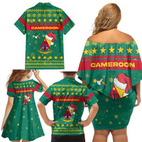 Cameroon Christmas Family Matching Off Shoulder Short Dress and Hawaiian Shirt with Green Red Pattern Coat of Arms Santa Hat and Stars Motif - Wonder Print Shop