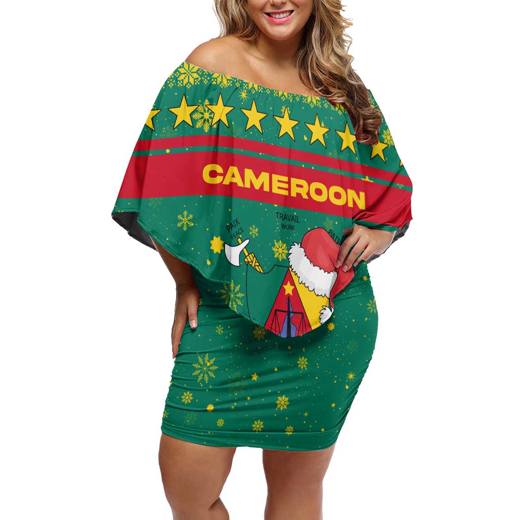 Cameroon Christmas Family Matching Off Shoulder Short Dress and Hawaiian Shirt with Green Red Pattern Coat of Arms Santa Hat and Stars Motif - Wonder Print Shop