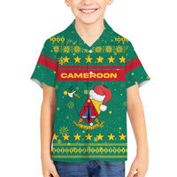 Cameroon Christmas Family Matching Off Shoulder Short Dress and Hawaiian Shirt with Green Red Pattern Coat of Arms Santa Hat and Stars Motif - Wonder Print Shop