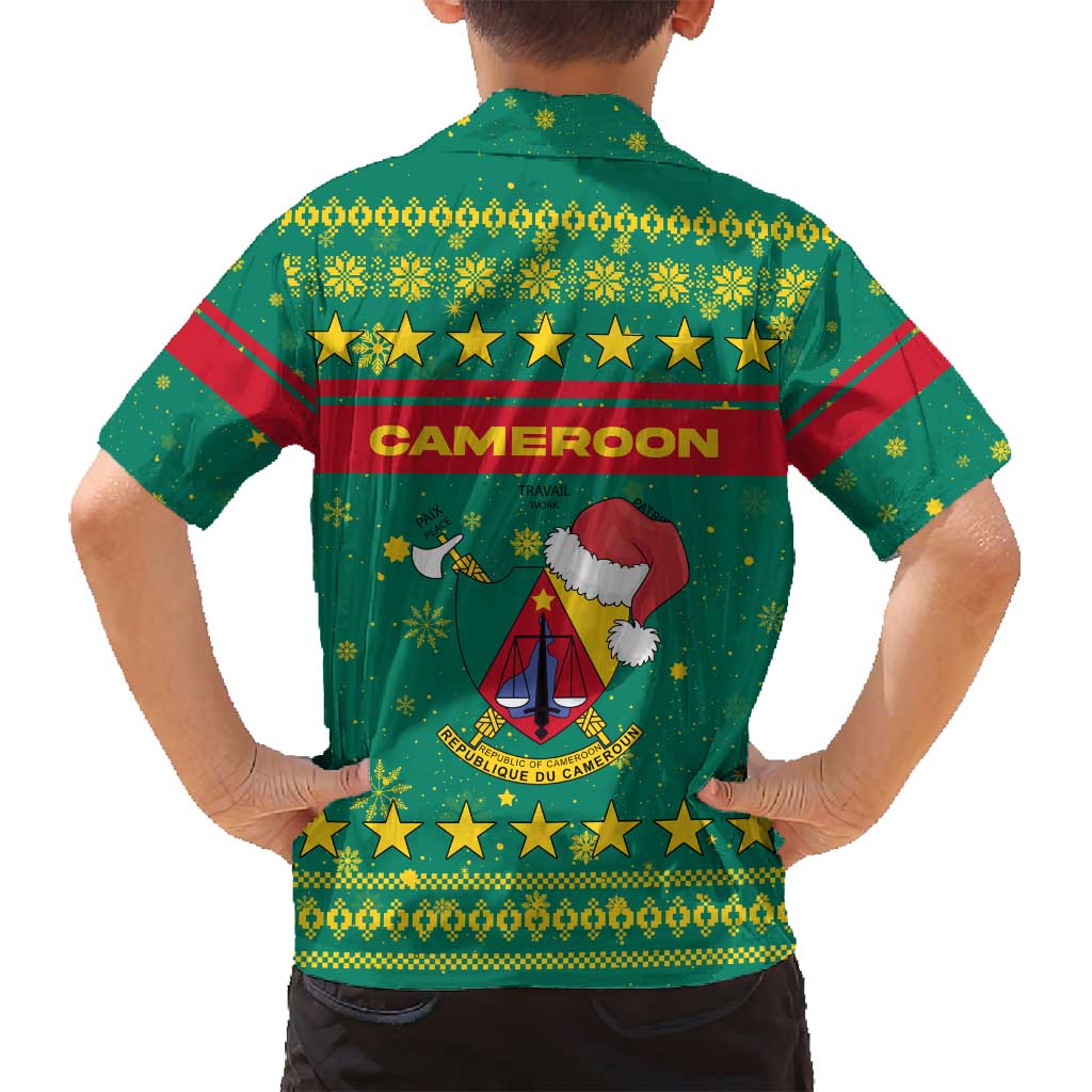 Cameroon Christmas Family Matching Puletasi and Hawaiian Shirt with Green Red Pattern Coat of Arms Santa Hat and Stars Motif - Wonder Print Shop
