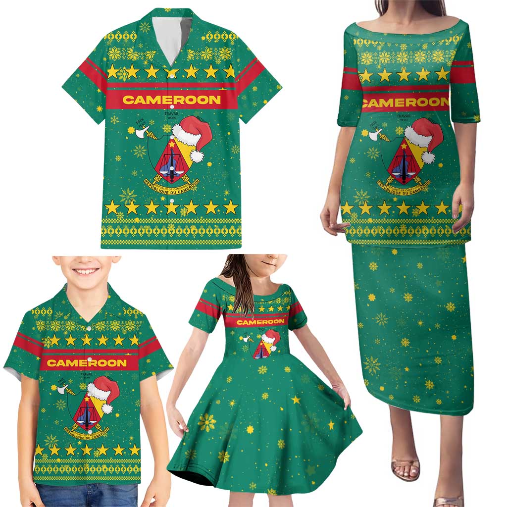 Cameroon Christmas Family Matching Puletasi and Hawaiian Shirt with Green Red Pattern Coat of Arms Santa Hat and Stars Motif - Wonder Print Shop