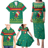 Cameroon Christmas Family Matching Puletasi and Hawaiian Shirt with Green Red Pattern Coat of Arms Santa Hat and Stars Motif - Wonder Print Shop