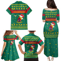Cameroon Christmas Family Matching Puletasi and Hawaiian Shirt with Green Red Pattern Coat of Arms Santa Hat and Stars Motif - Wonder Print Shop
