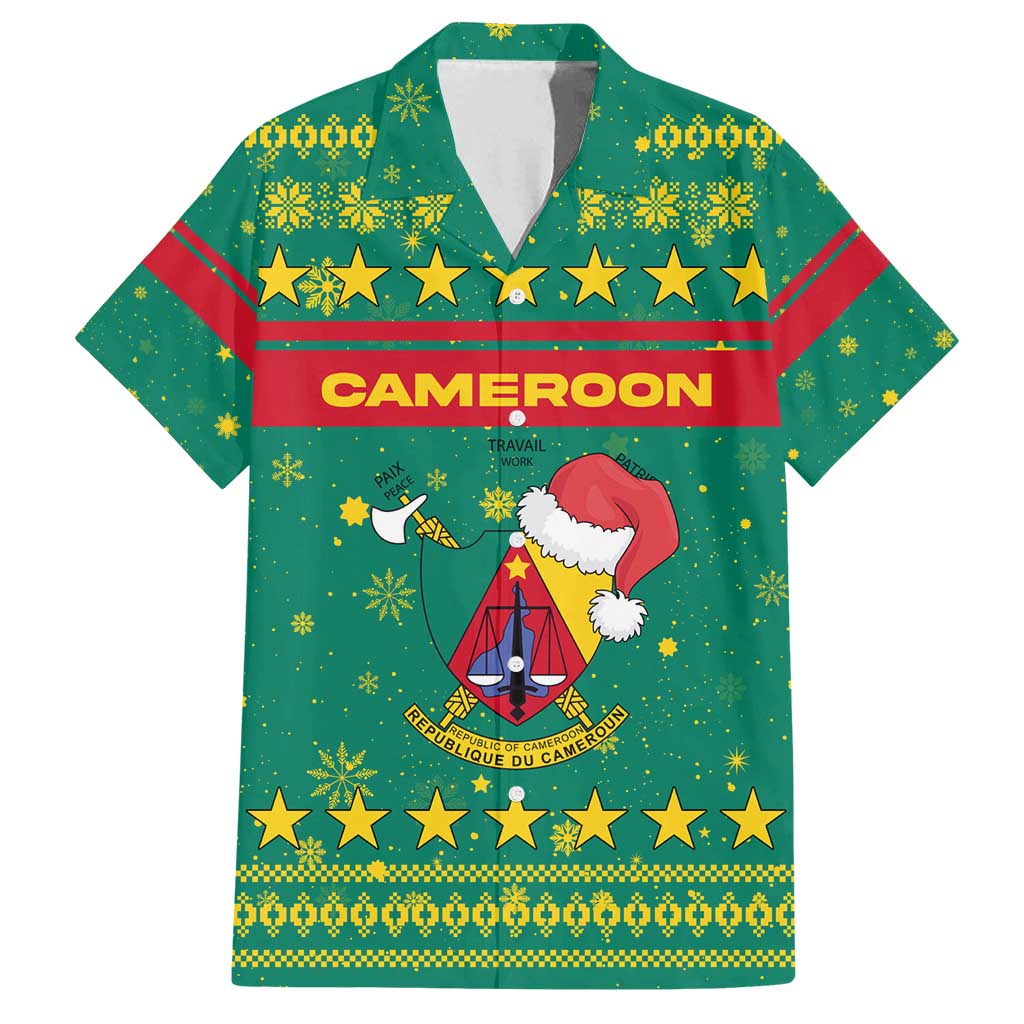 Cameroon Christmas Family Matching Puletasi and Hawaiian Shirt with Green Red Pattern Coat of Arms Santa Hat and Stars Motif - Wonder Print Shop