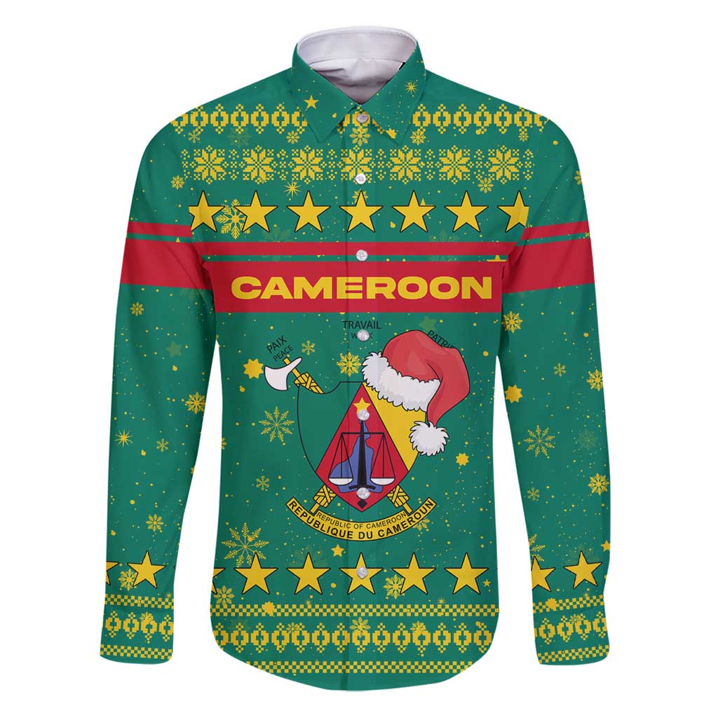 Cameroon Christmas Family Matching Puletasi and Hawaiian Shirt with Green Red Pattern Coat of Arms Santa Hat and Stars Motif - Wonder Print Shop