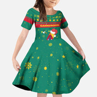 Cameroon Christmas Family Matching Short Sleeve Bodycon Dress and Hawaiian Shirt with Green Red Pattern Coat of Arms Santa Hat and Stars Motif - Wonder Print Shop