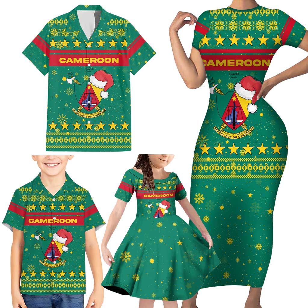 Cameroon Christmas Family Matching Short Sleeve Bodycon Dress and Hawaiian Shirt with Green Red Pattern Coat of Arms Santa Hat and Stars Motif - Wonder Print Shop