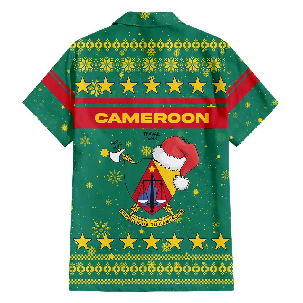 Cameroon Christmas Family Matching Short Sleeve Bodycon Dress and Hawaiian Shirt with Green Red Pattern Coat of Arms Santa Hat and Stars Motif - Wonder Print Shop