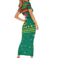 Cameroon Christmas Family Matching Short Sleeve Bodycon Dress and Hawaiian Shirt with Green Red Pattern Coat of Arms Santa Hat and Stars Motif - Wonder Print Shop