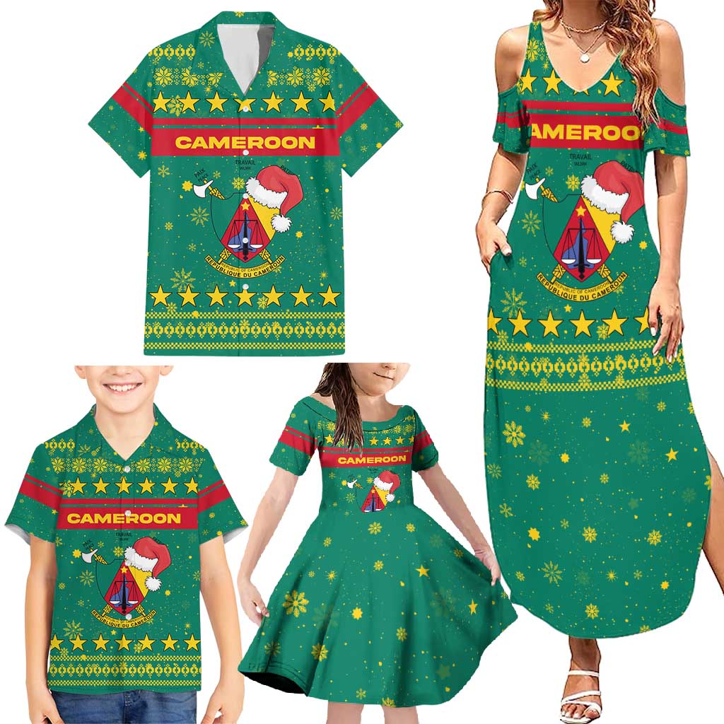 Cameroon Christmas Family Matching Summer Maxi Dress and Hawaiian Shirt with Green Red Pattern Coat of Arms Santa Hat and Stars Motif - Wonder Print Shop
