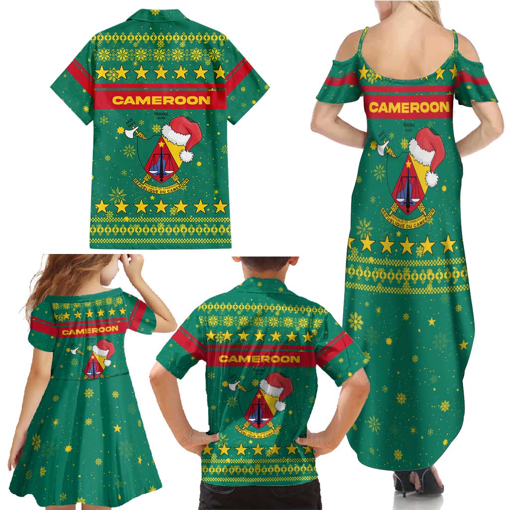 Cameroon Christmas Family Matching Summer Maxi Dress and Hawaiian Shirt with Green Red Pattern Coat of Arms Santa Hat and Stars Motif - Wonder Print Shop