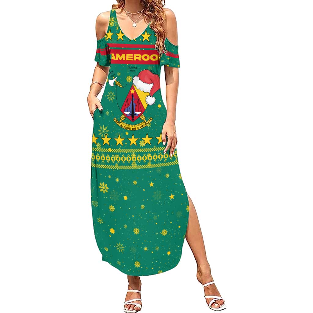 Cameroon Christmas Family Matching Summer Maxi Dress and Hawaiian Shirt with Green Red Pattern Coat of Arms Santa Hat and Stars Motif - Wonder Print Shop