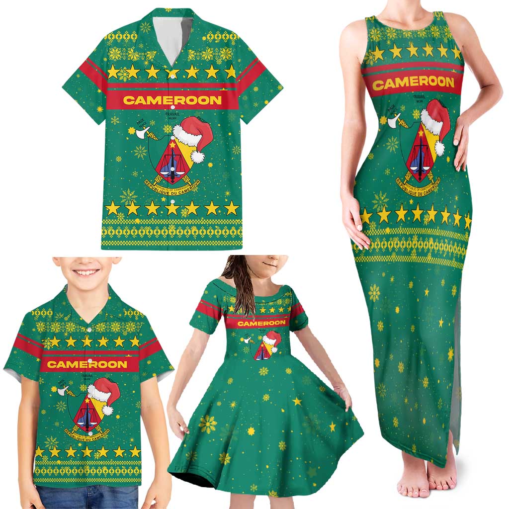 Cameroon Christmas Family Matching Tank Maxi Dress and Hawaiian Shirt with Green Red Pattern Coat of Arms Santa Hat and Stars Motif - Wonder Print Shop