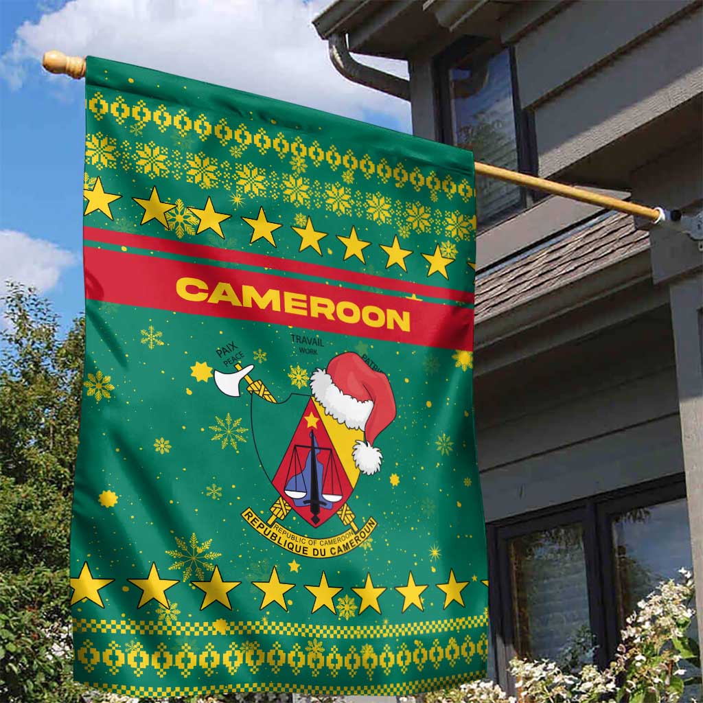Cameroon Christmas Garden Flag with Green Red Pattern Coat of Arms Santa Hat and Stars Motif - Wonder Print Shop