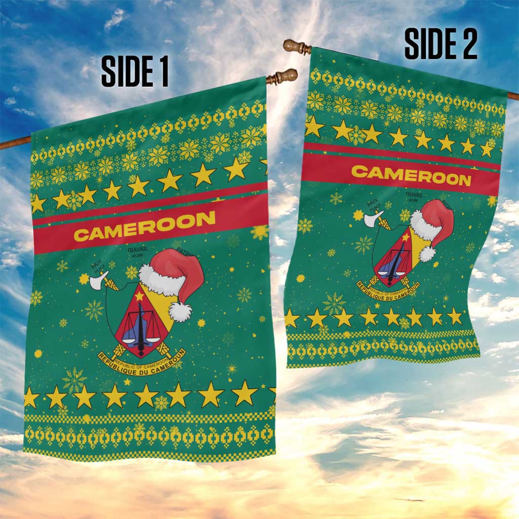 Cameroon Christmas Garden Flag with Green Red Pattern Coat of Arms Santa Hat and Stars Motif - Wonder Print Shop