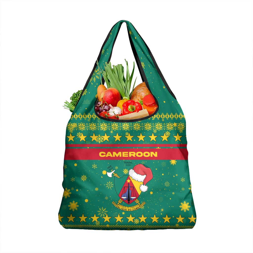 Cameroon Christmas Grocery Bag with Green Red Pattern Coat of Arms Santa Hat and Stars Motif - Wonder Print Shop
