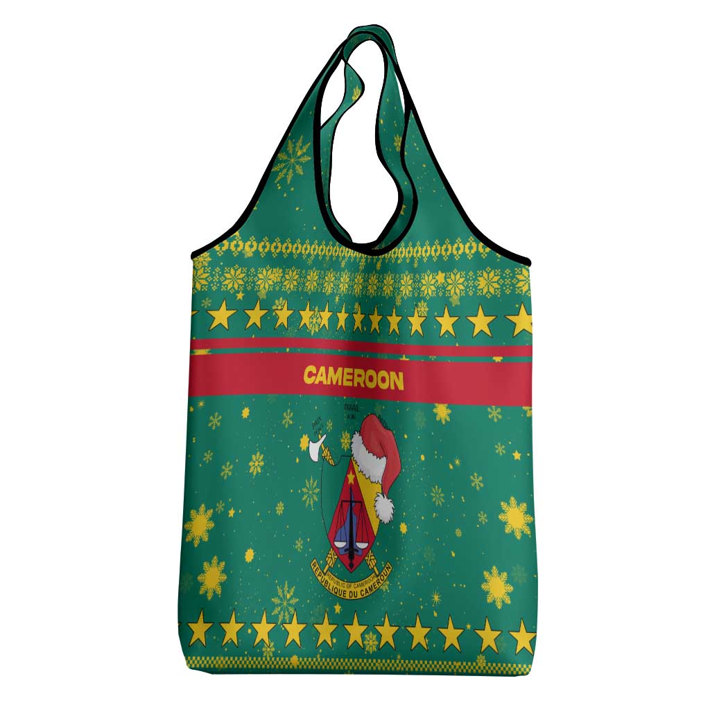 Cameroon Christmas Grocery Bag with Green Red Pattern Coat of Arms Santa Hat and Stars Motif - Wonder Print Shop