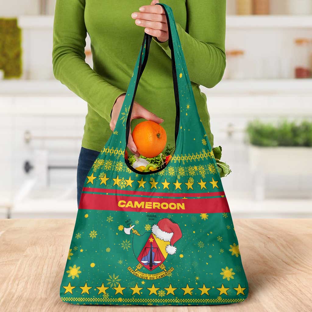 Cameroon Christmas Grocery Bag with Green Red Pattern Coat of Arms Santa Hat and Stars Motif - Wonder Print Shop