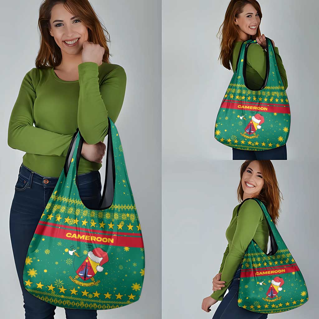 Cameroon Christmas Grocery Bag with Green Red Pattern Coat of Arms Santa Hat and Stars Motif - Wonder Print Shop