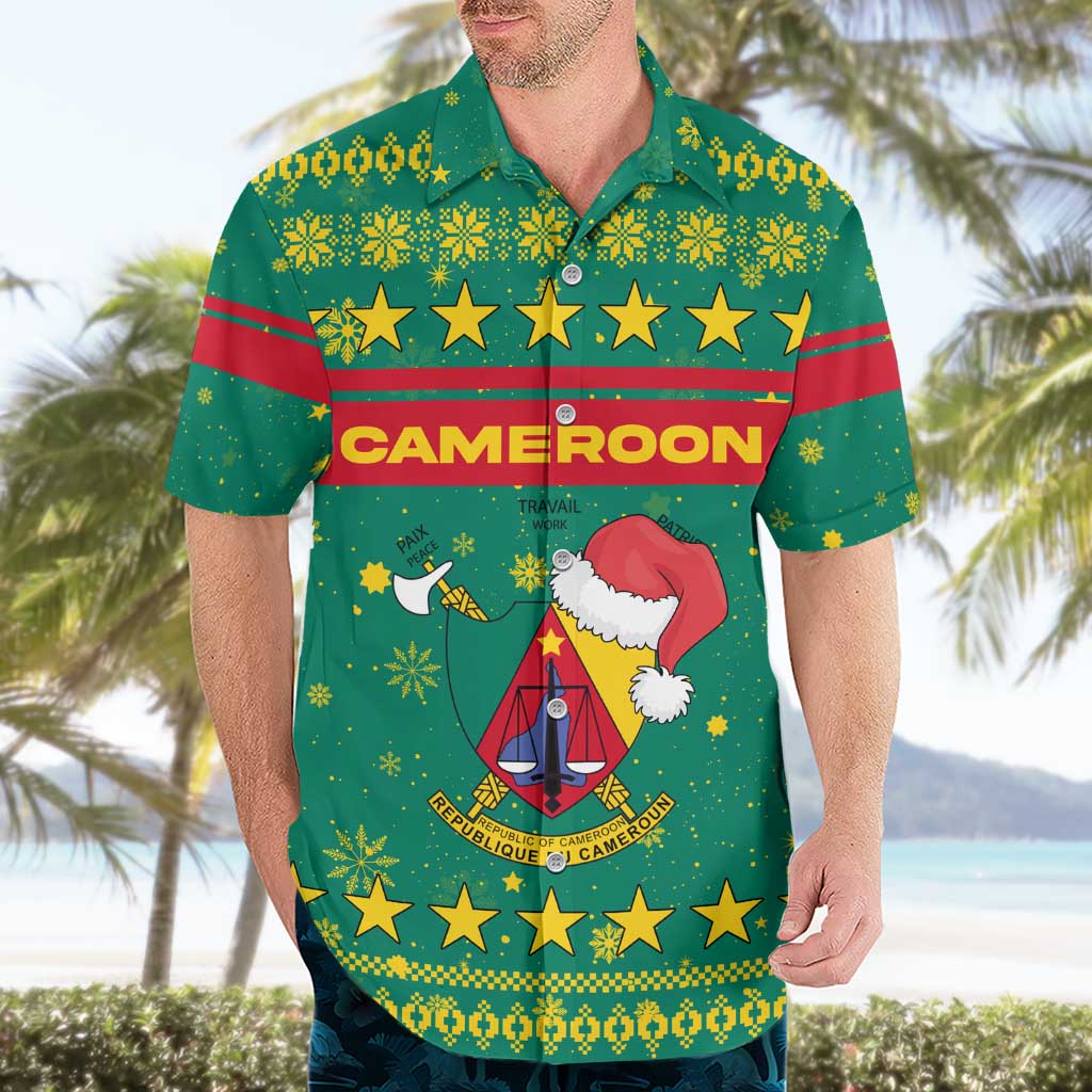 Cameroon Christmas Hawaiian Shirt with Green Red Pattern Coat of Arms Santa Hat and Stars Motif - Wonder Print Shop
