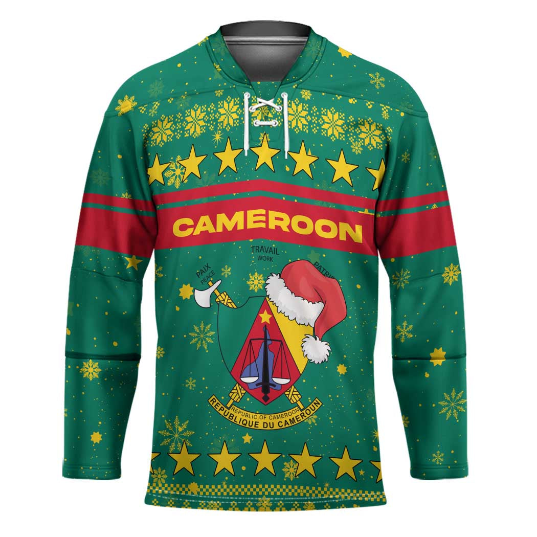 Cameroon Christmas Hockey Jersey with Green Red Pattern Coat of Arms Santa Hat and Stars Motif - Wonder Print Shop