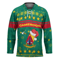 Cameroon Christmas Hockey Jersey with Green Red Pattern Coat of Arms Santa Hat and Stars Motif - Wonder Print Shop