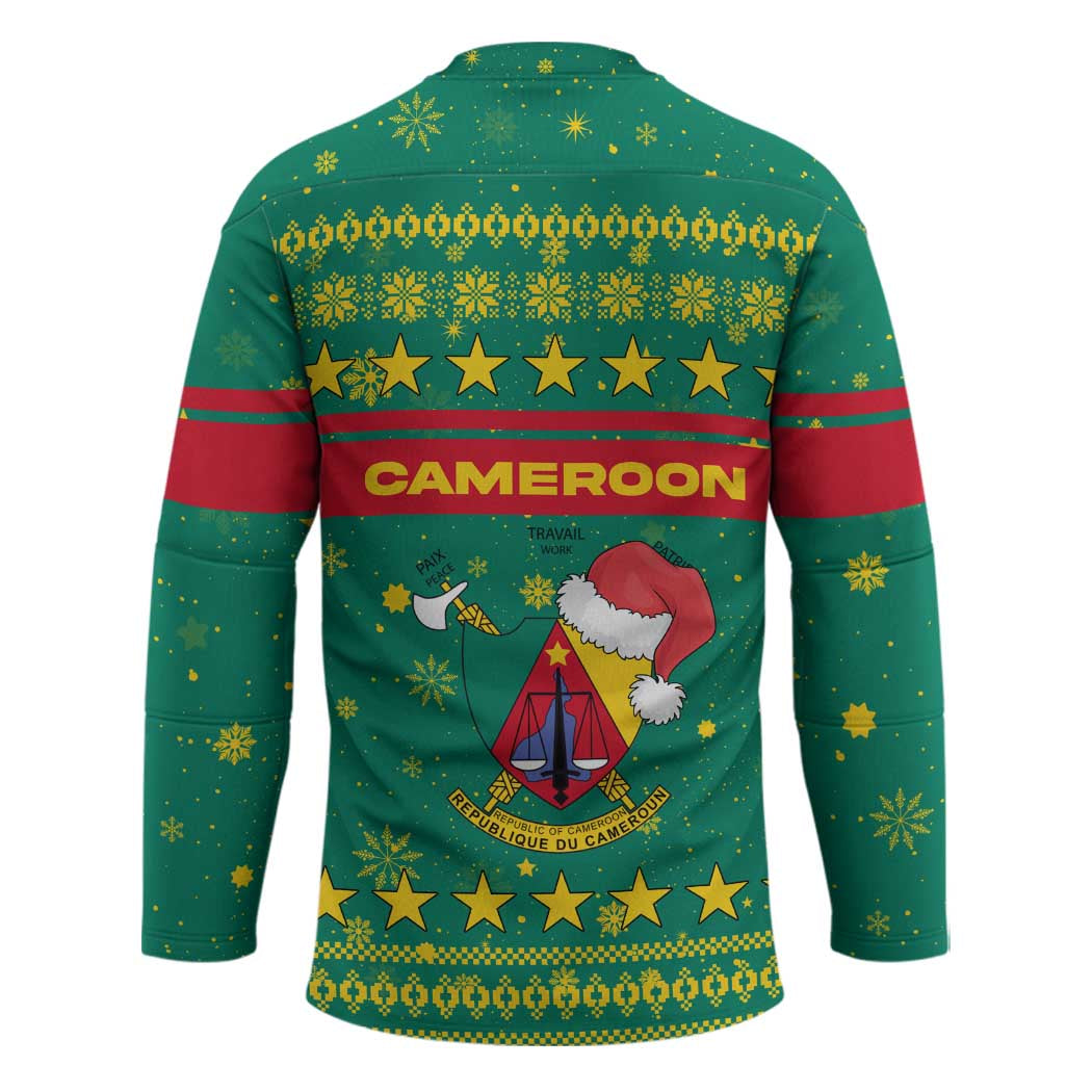 Cameroon Christmas Hockey Jersey with Green Red Pattern Coat of Arms Santa Hat and Stars Motif - Wonder Print Shop