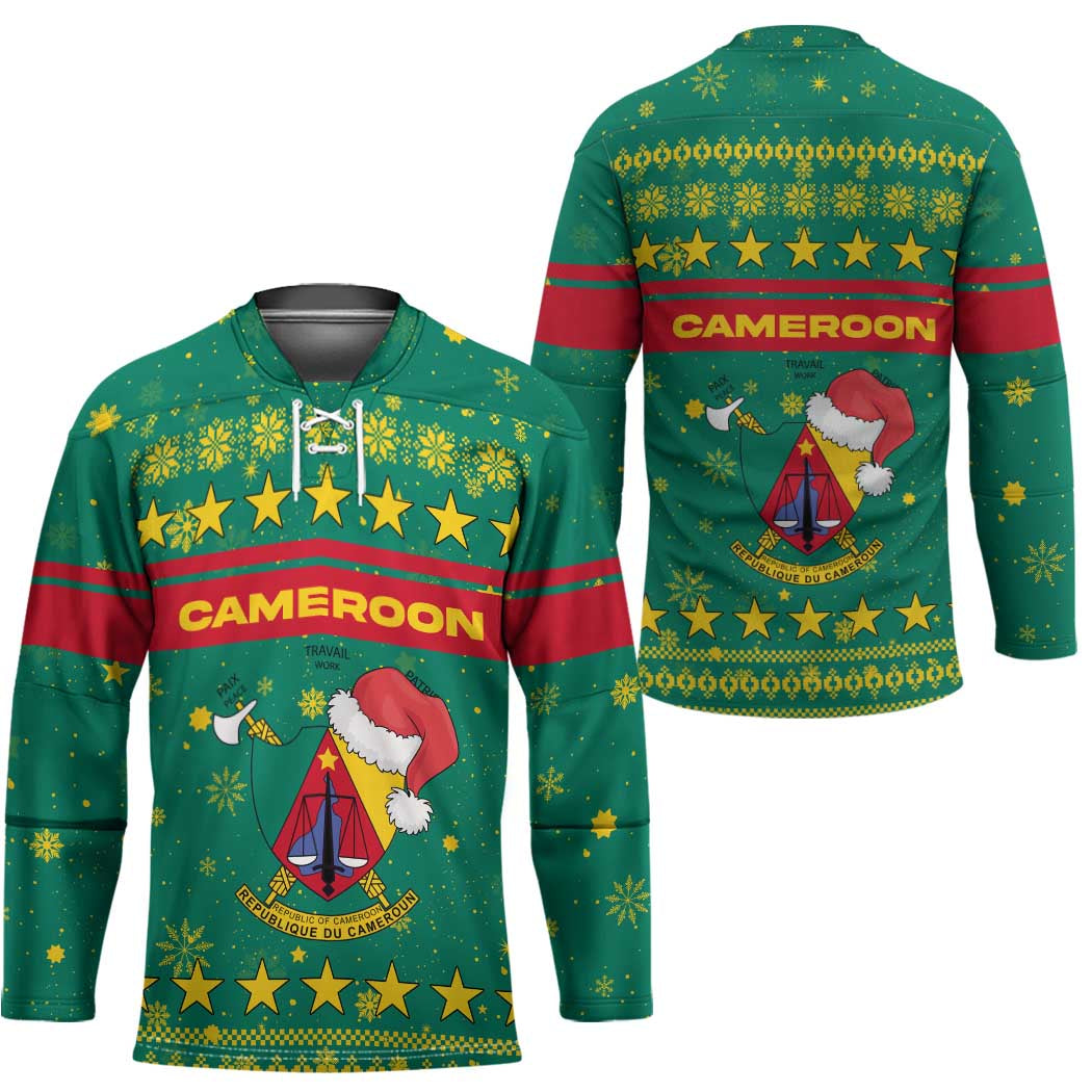 Cameroon Christmas Hockey Jersey with Green Red Pattern Coat of Arms Santa Hat and Stars Motif - Wonder Print Shop