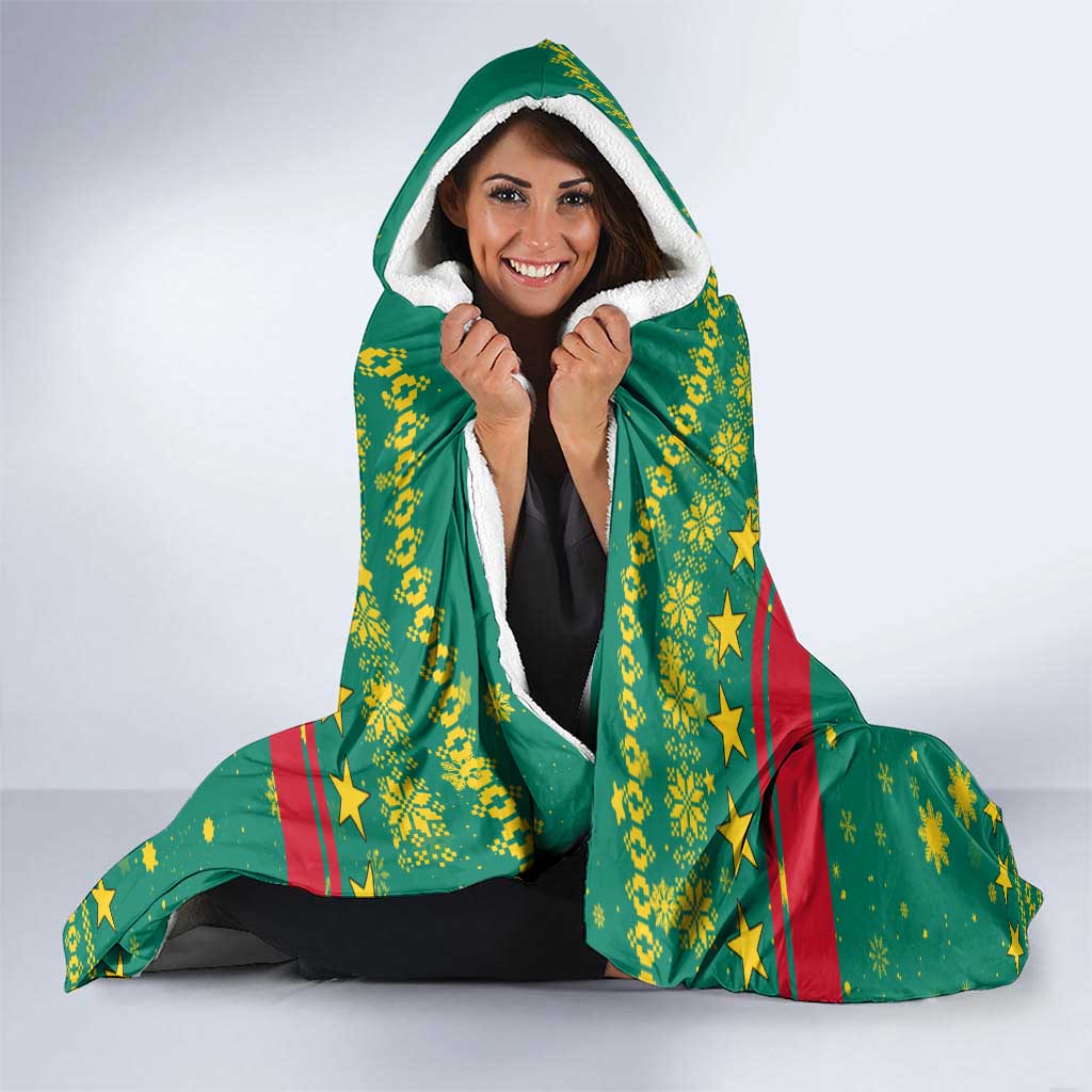 Cameroon Christmas Hooded Blanket with Green Red Pattern Coat of Arms Santa Hat and Stars Motif - Wonder Print Shop