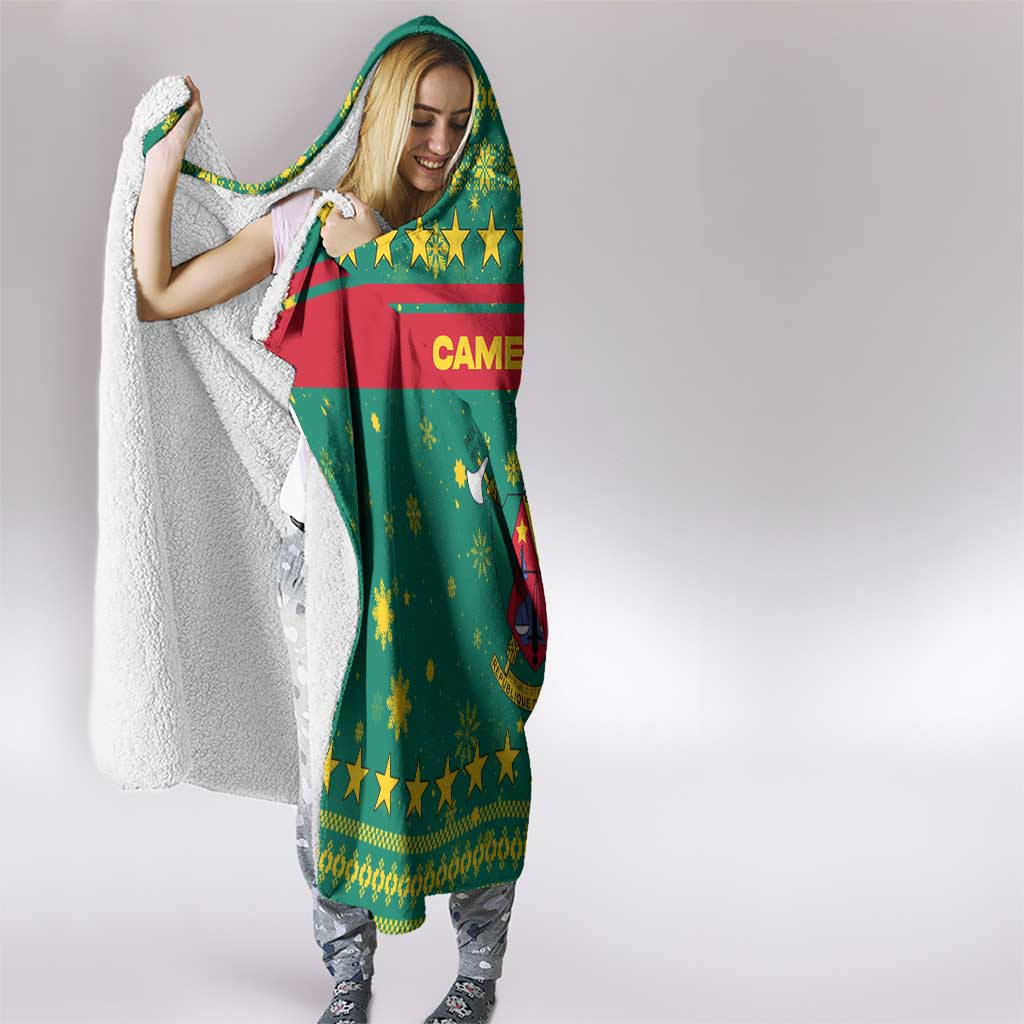 Cameroon Christmas Hooded Blanket with Green Red Pattern Coat of Arms Santa Hat and Stars Motif - Wonder Print Shop
