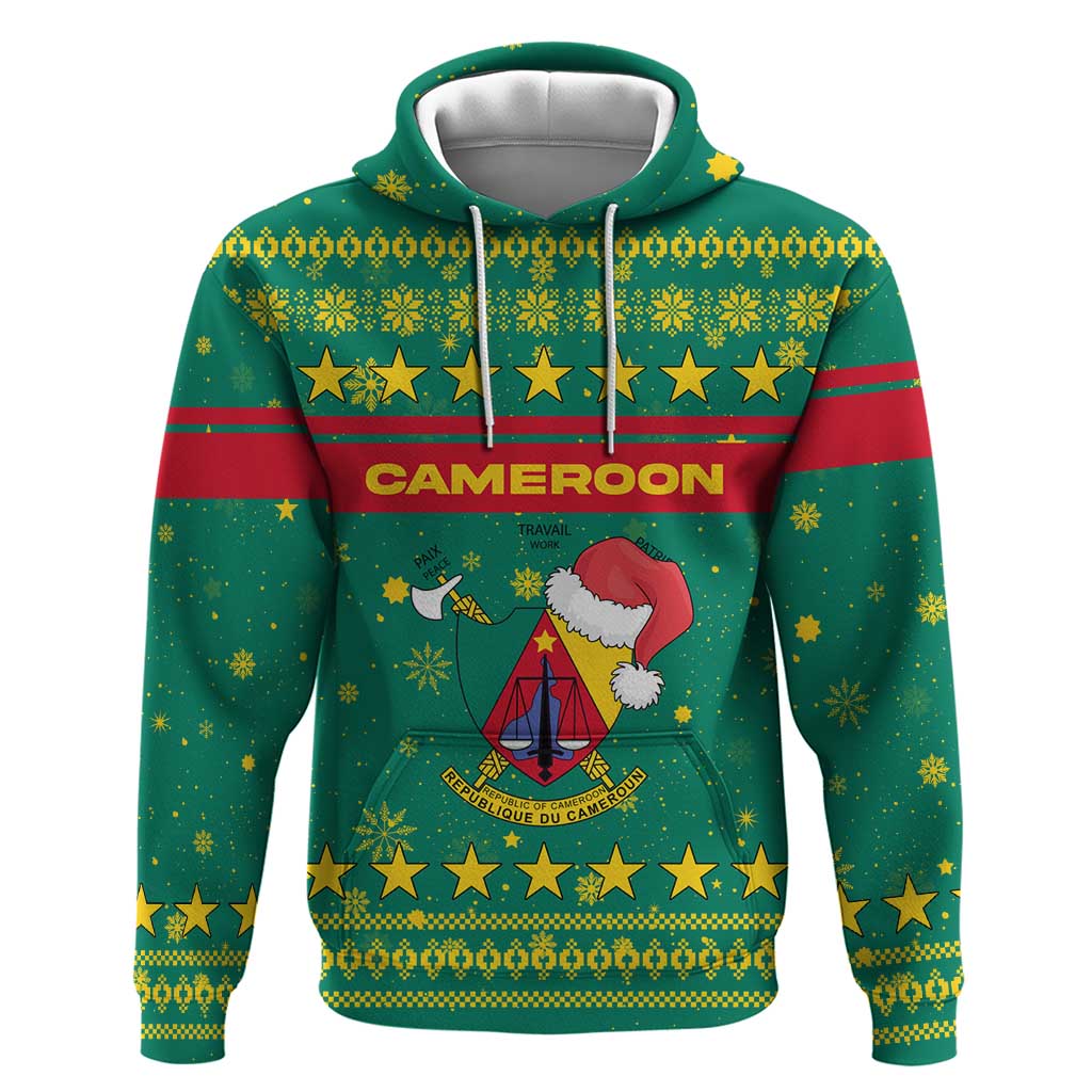 Cameroon Christmas Hoodie with Green Red Pattern Coat of Arms Santa Hat and Stars Motif - Wonder Print Shop