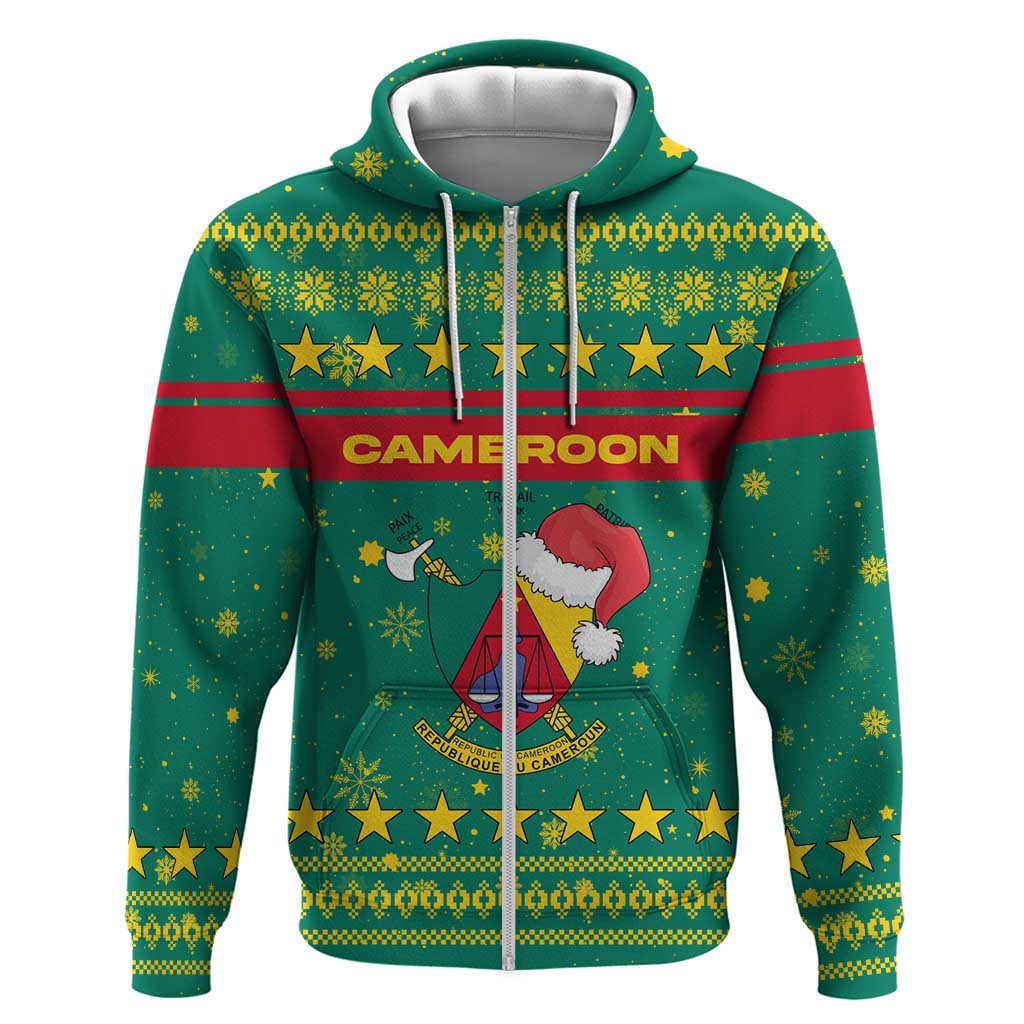 Cameroon Christmas Hoodie with Green Red Pattern Coat of Arms Santa Hat and Stars Motif - Wonder Print Shop